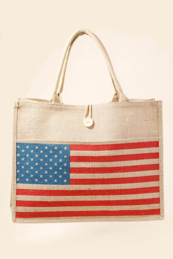 American Flag Burlap Tote