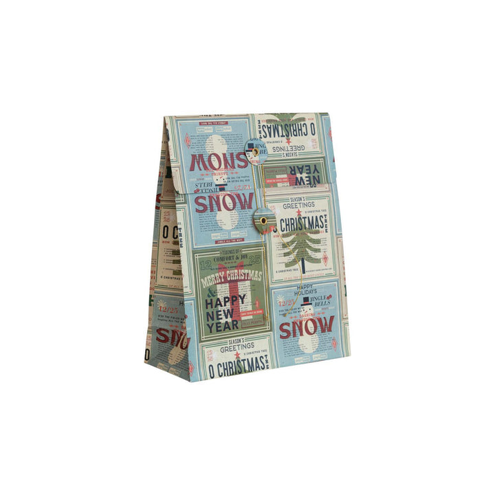 Printed Recycled Paper Gift Bag w/ Holiday Greetings, Images & Closure, Multi Color
