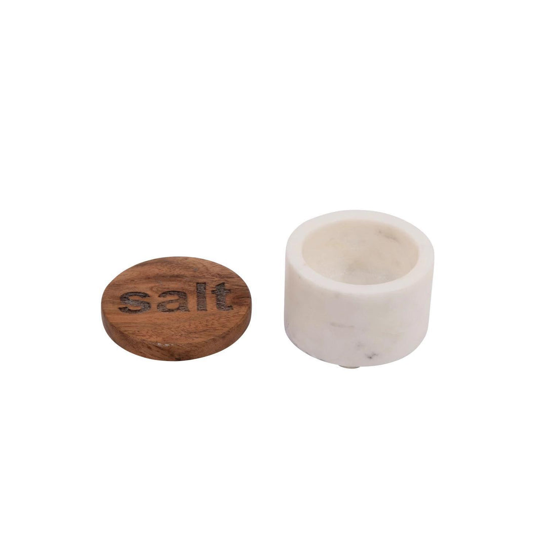 Marble Pot w/ Wood Lid 2.5"R Salt + Pepper