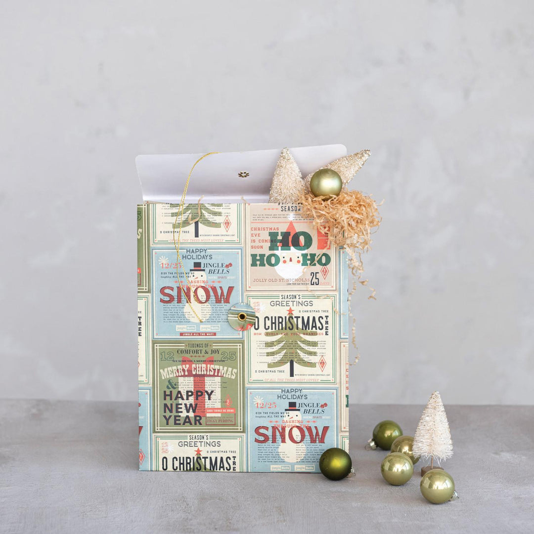 Printed Recycled Paper Gift Bag w/ Holiday Greetings, Images & Closure, Multi Color