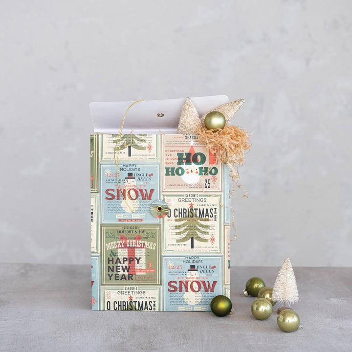 Printed Recycled Paper Gift Bag w/ Holiday Greetings, Images & Closure, Multi Color