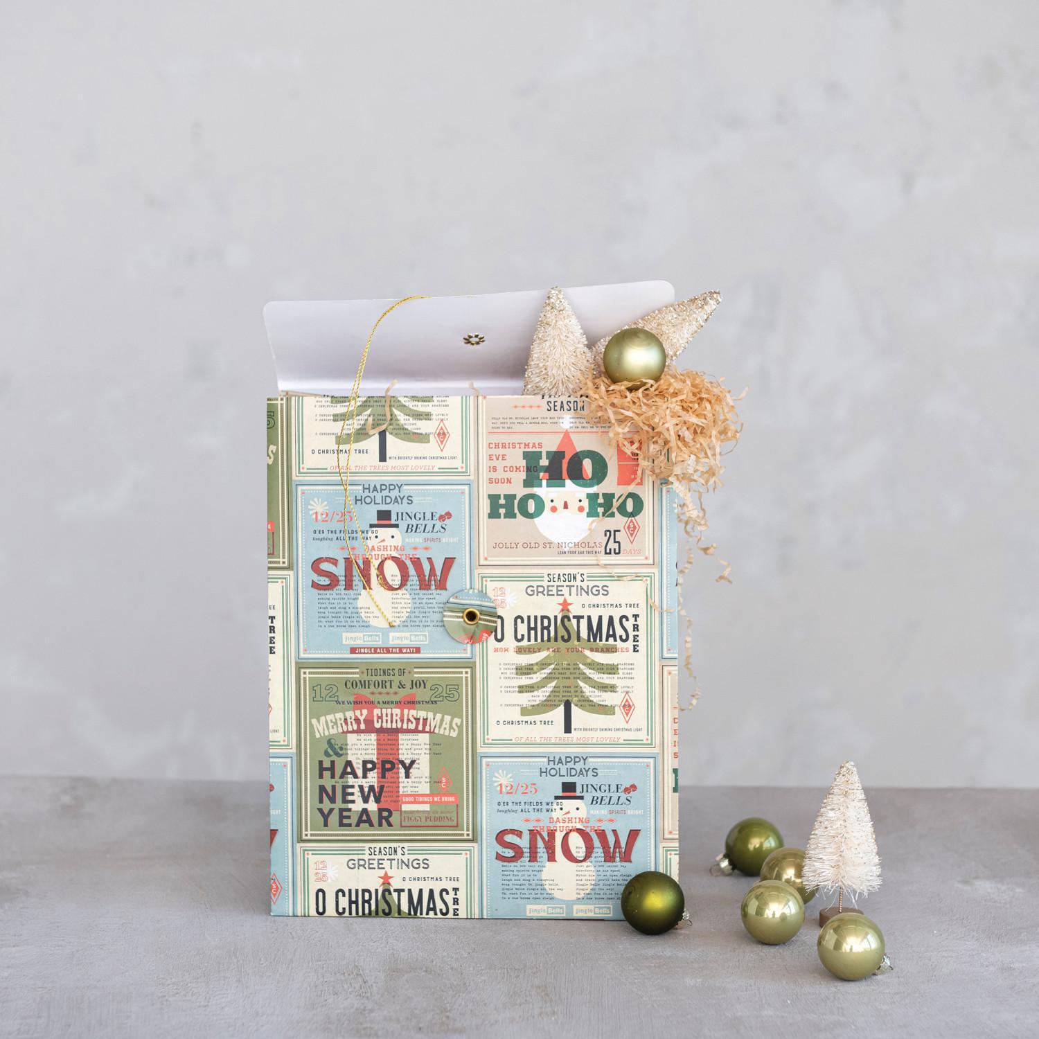 Printed Recycled Paper Gift Bag w/ Holiday Greetings, Images & Closure, Multi Color
