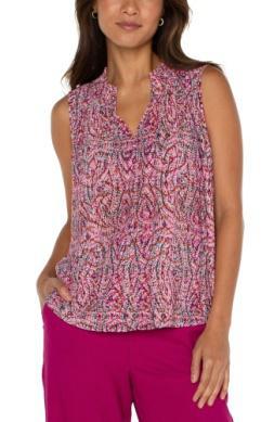 Liverpool Sleeveless Knit Blouse with Smocked Neck