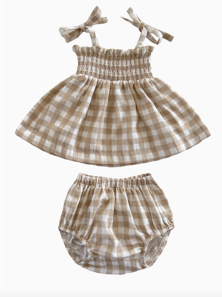 Organic Smocked Baby Set - Tan Gingham