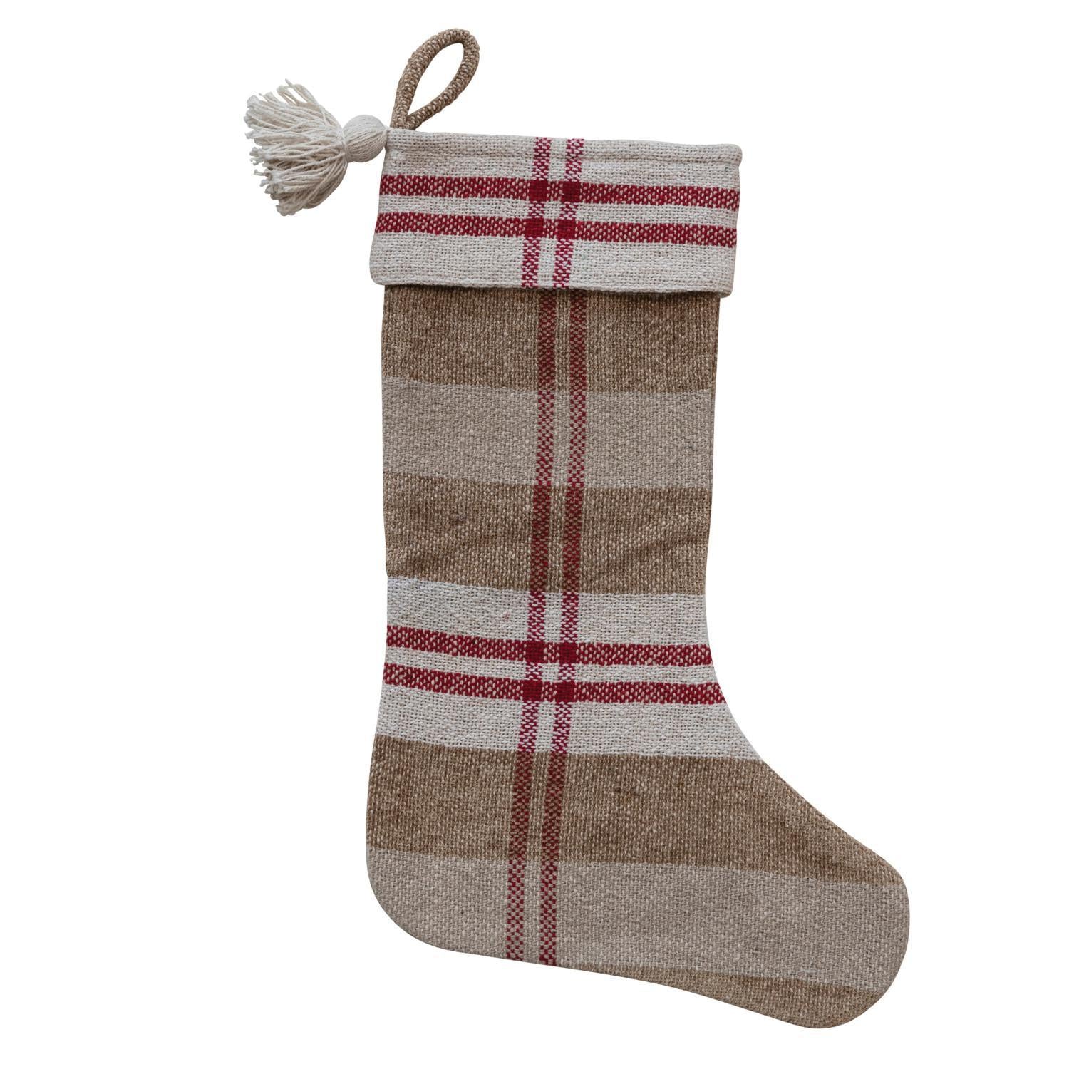 20"H Recycled Chenille & Cotton Stocking w/ Tassel, Red, Cream & Tan Color Plaid