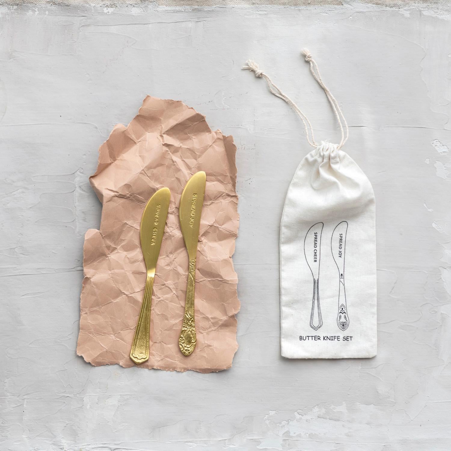 6"L Brass Canapé Knives "Spread Cheer/Spread Joy", Set of 2 in Printed Drawstring Bag