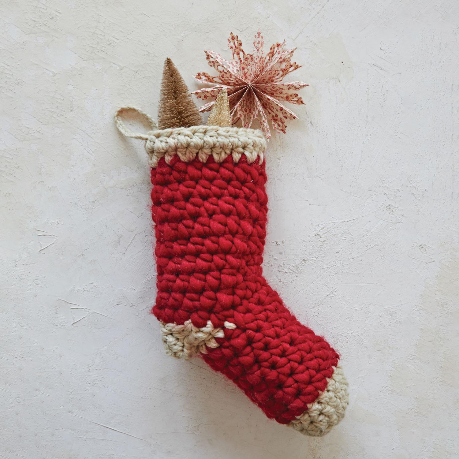 Cotton Crochet Stocking, Red & Cream