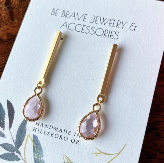 Be Brave Gold Bar Earring with Pink Crystal