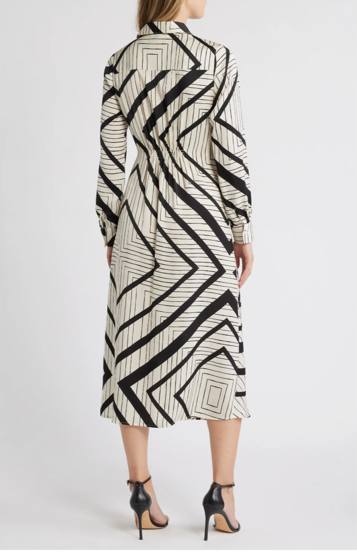 Stripe Wrap Waist Long Sleeve Midi Shirtdress