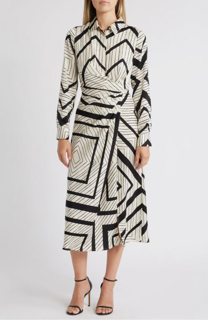 Stripe Wrap Waist Long Sleeve Midi Shirtdress