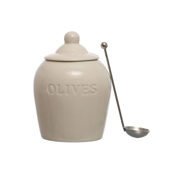 Stoneware Olive Jar w/ Metal Spoon