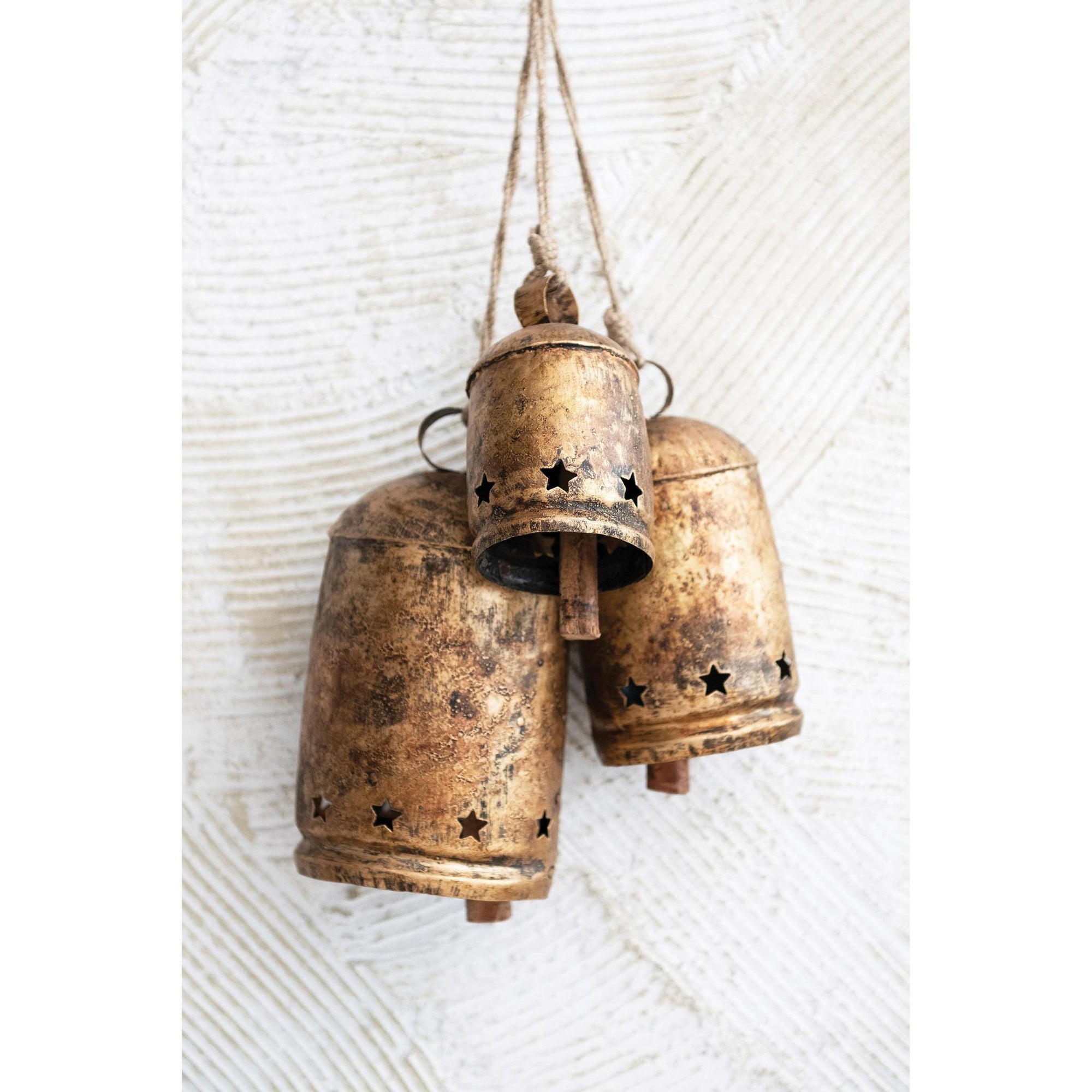 Metal Bell on Jute Rope w/ Star Cut-Outs, Heavily Distressed Antique Gold Finish