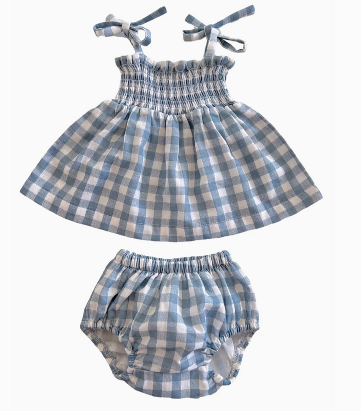 Organic Smocked Baby Set - Blue Gingham