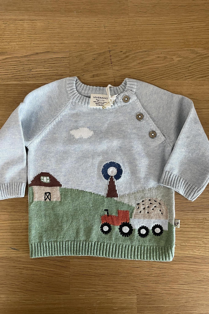 Farm Jacquard Knit Baby Pullover, Sky Heather - Viverano Organics