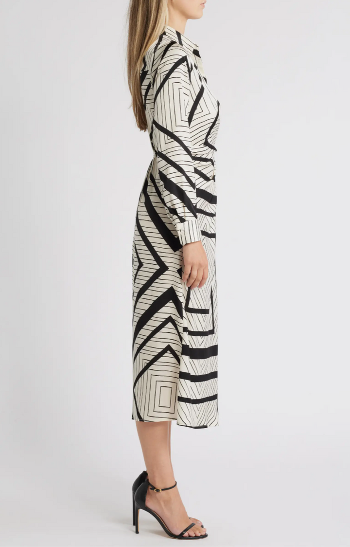 Stripe Wrap Waist Long Sleeve Midi Shirtdress