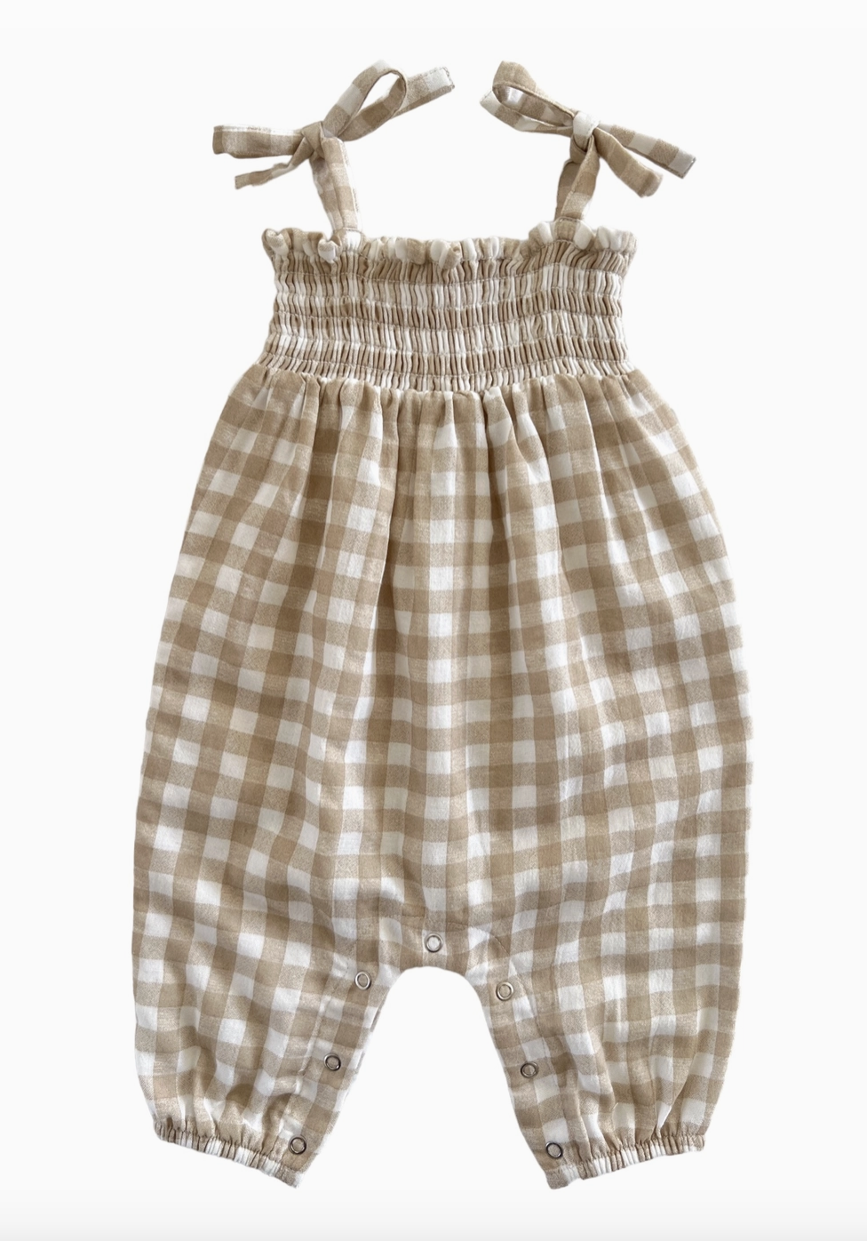 Organic Smocked Baby Jumpsuit - Tan Gingham