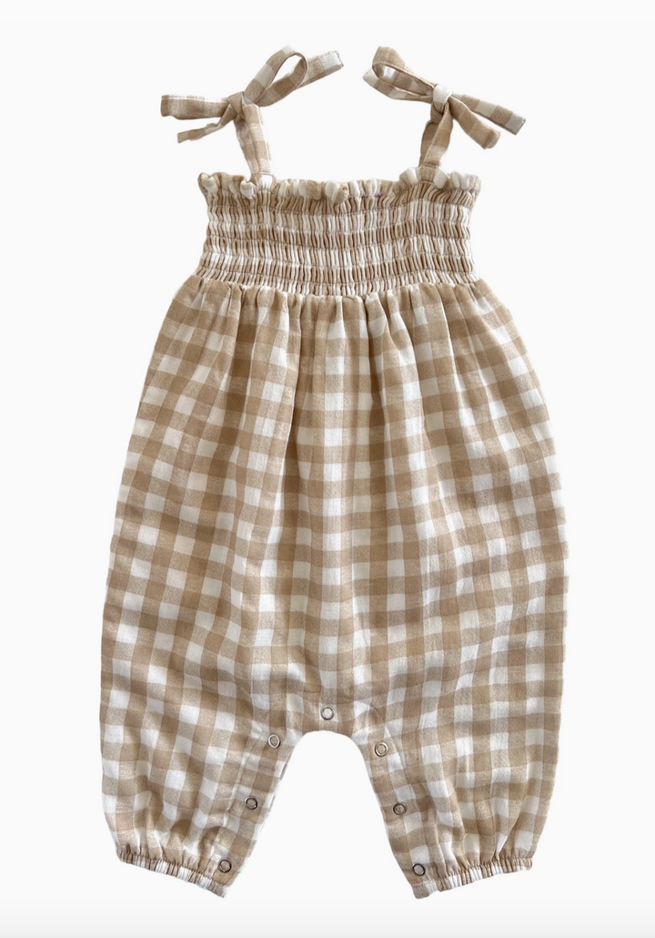 Organic Smocked Baby Jumpsuit - Tan Gingham