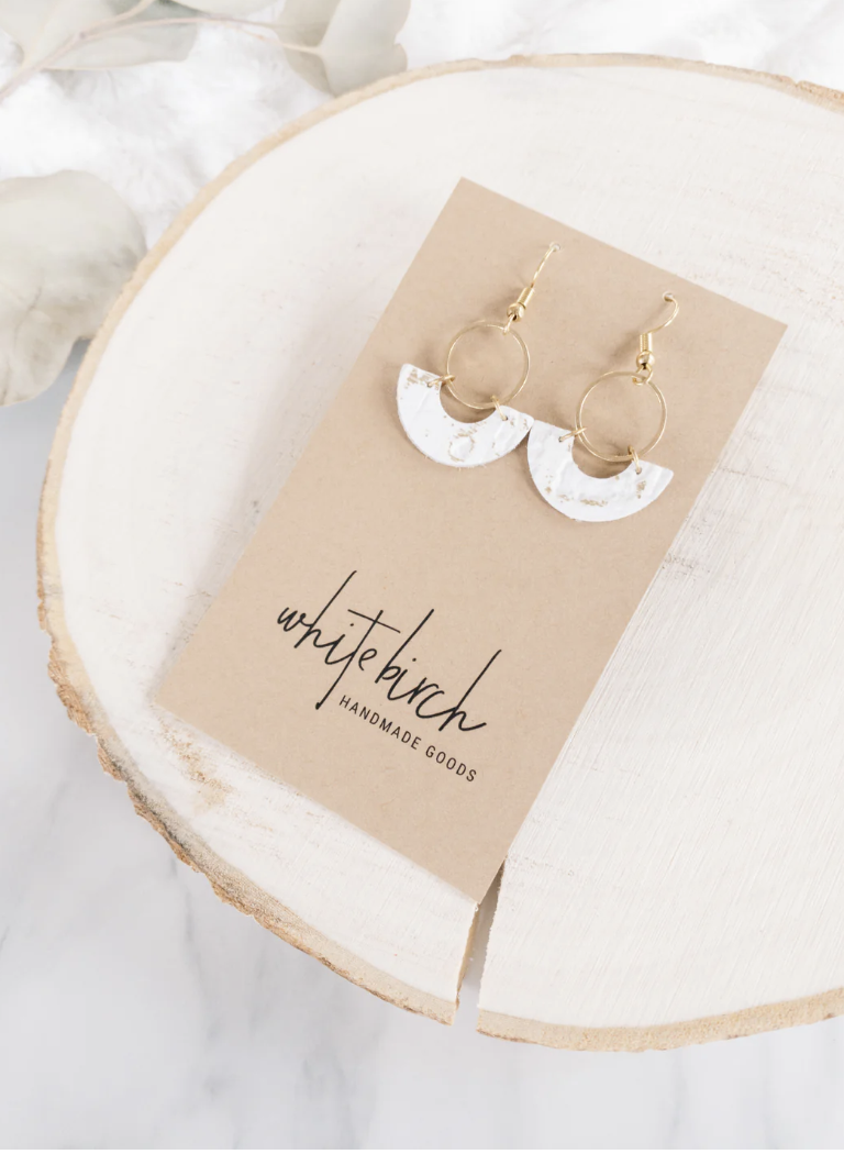 White & Gold Fleck Leather & Brass Ring Earrings - Whitebirch Handmade Goods