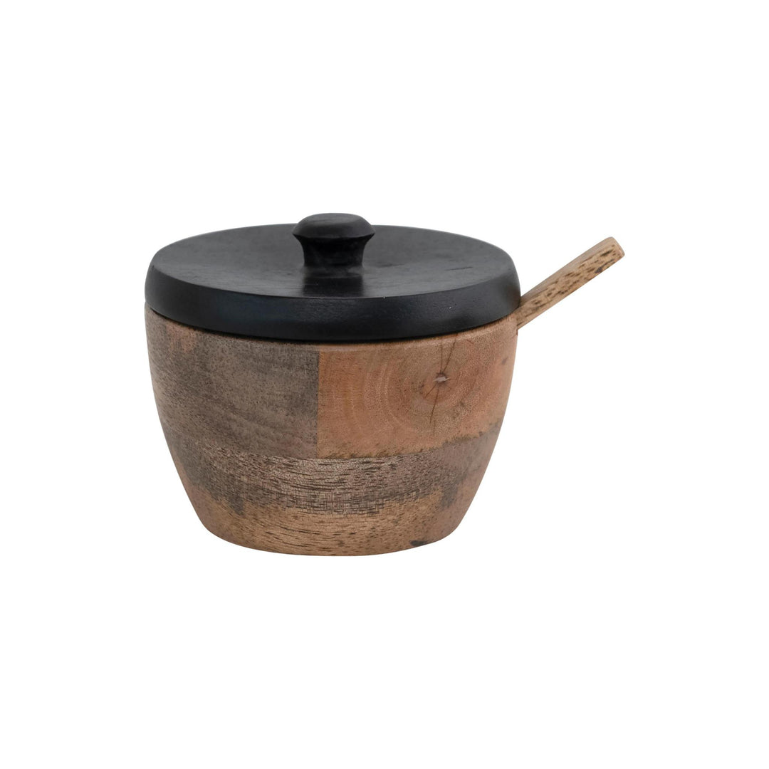 s/2 Round Mango Wood Salt Cellar w/ Spoon & Black Lid
