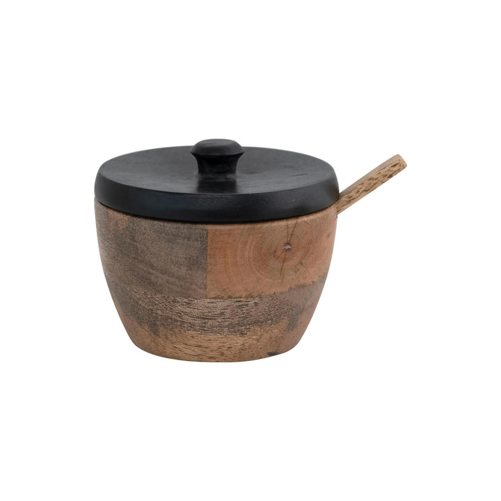 s/2 Round Mango Wood Salt Cellar w/ Spoon & Black Lid