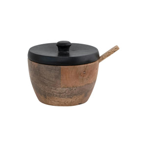 s/2 Round Mango Wood Salt Cellar w/ Spoon & Black Lid