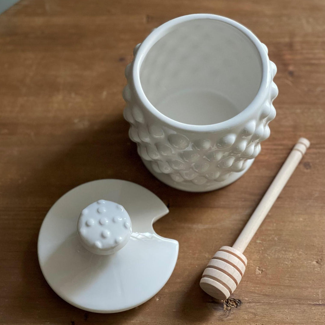 Ceramic Hobnail Honey Jar w/ Wood Dipper