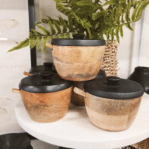 s/2 Round Mango Wood Salt Cellar w/ Spoon & Black Lid