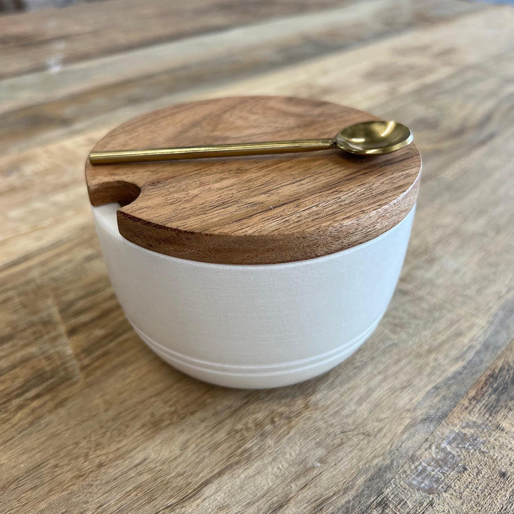 Marble Bowl with Acacia Wood Lid & Brass Spoon