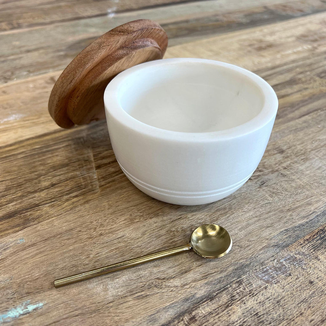 Marble Bowl with Acacia Wood Lid & Brass Spoon